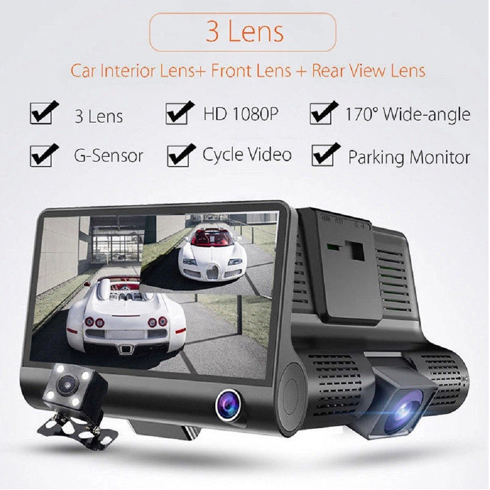 Trade Shop - Telecamera Dvr Per Auto Camper Full Hd 1080p 3 Telecamere Interna Esterna Lcd 4' -