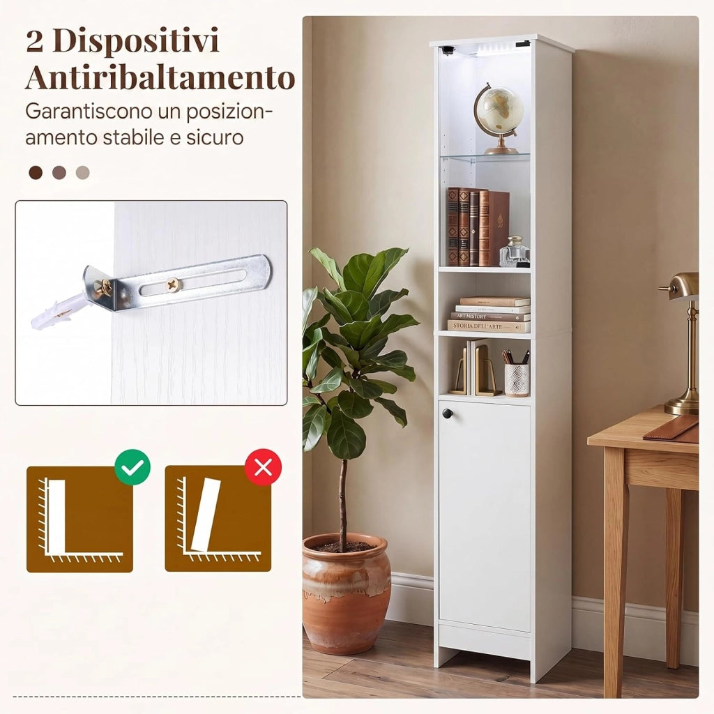 Mobile Alto da Bagno, Mobiletto a Colonna Stretto con Luci LED e Telecomando, Ante in Vetro e Mensole Regolabili, Armadio Salvaspazio a Terra per Soggiorno, 30 x 30 x 170 cm (Bianco)