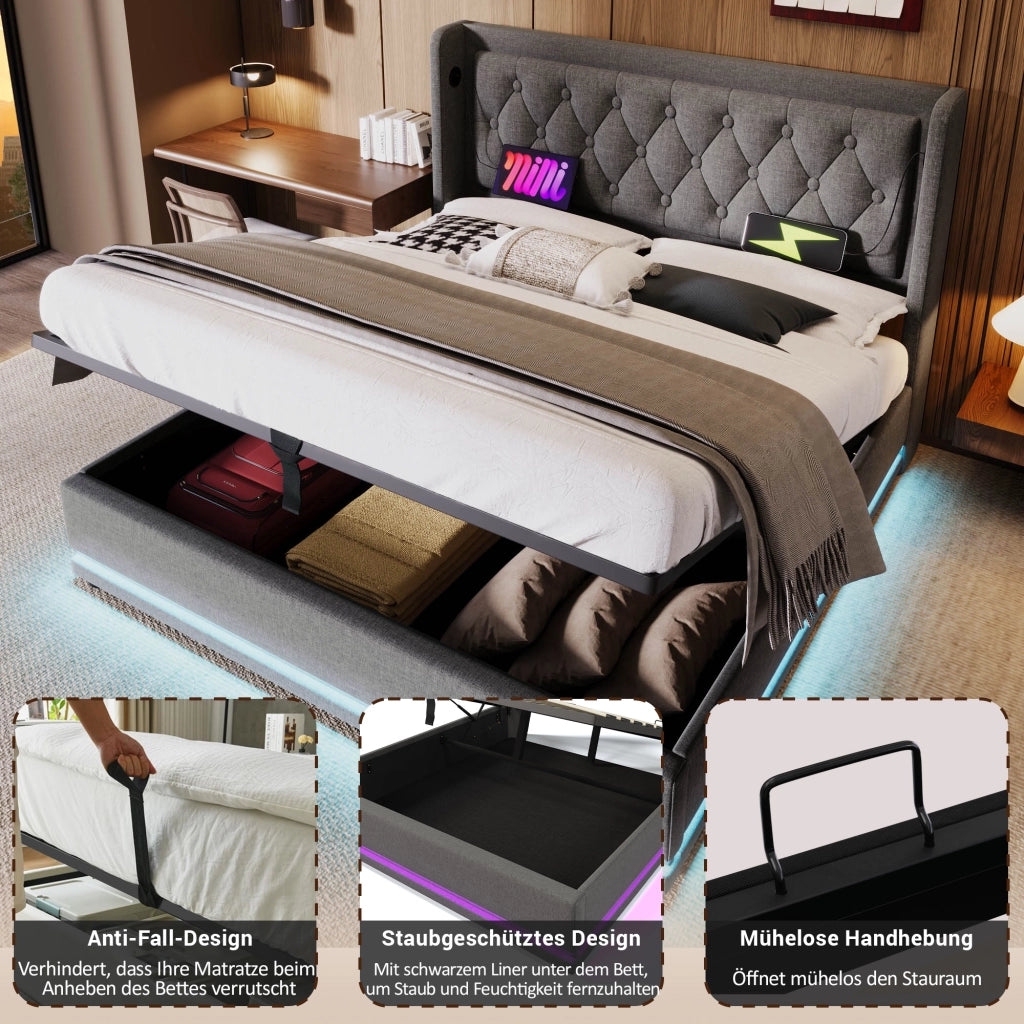 LETTO contenitore 160x200 cm in cotone grigio con LED, USB, Type-C e materasso