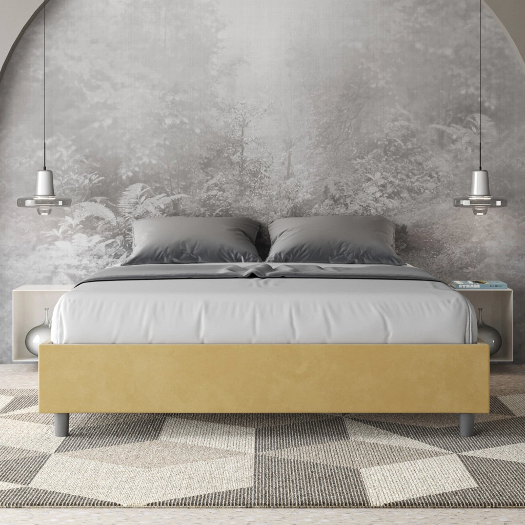 BS COM Letto matrimoniale francese contenitore imbottito 140x190 microfibra ocra