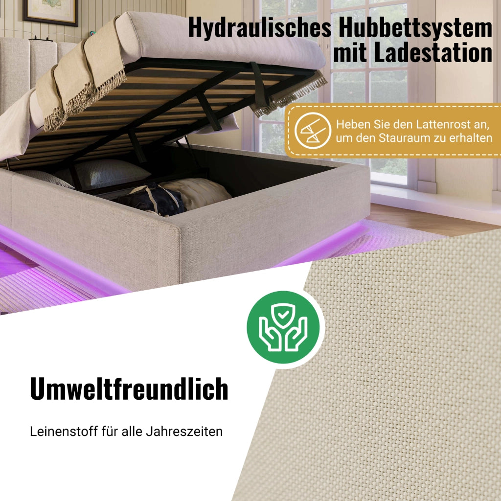 LETTO contenitore 180x200 cm beige in lino con LED e USB