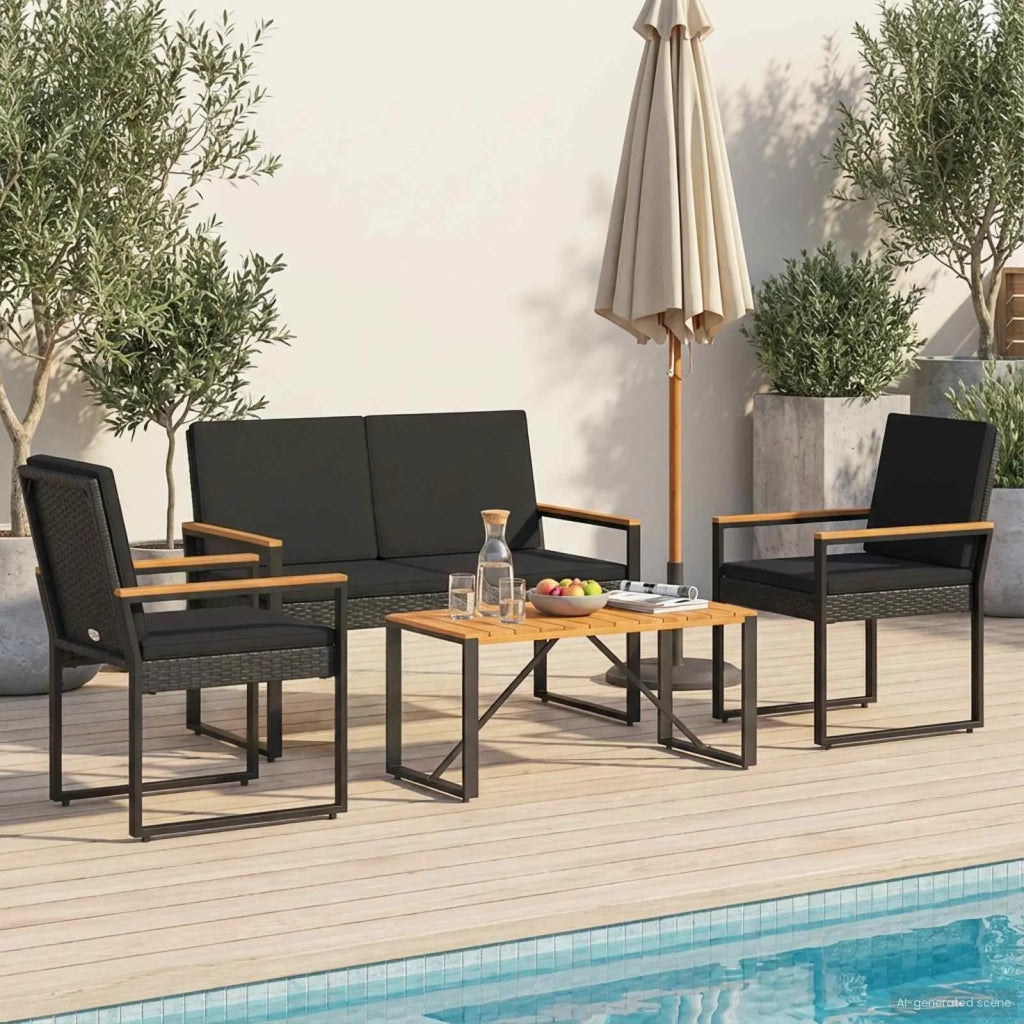 Set Mobili da Esterno con cuscino 4 pz | Set Salotto da Giardino Nero polyrattan