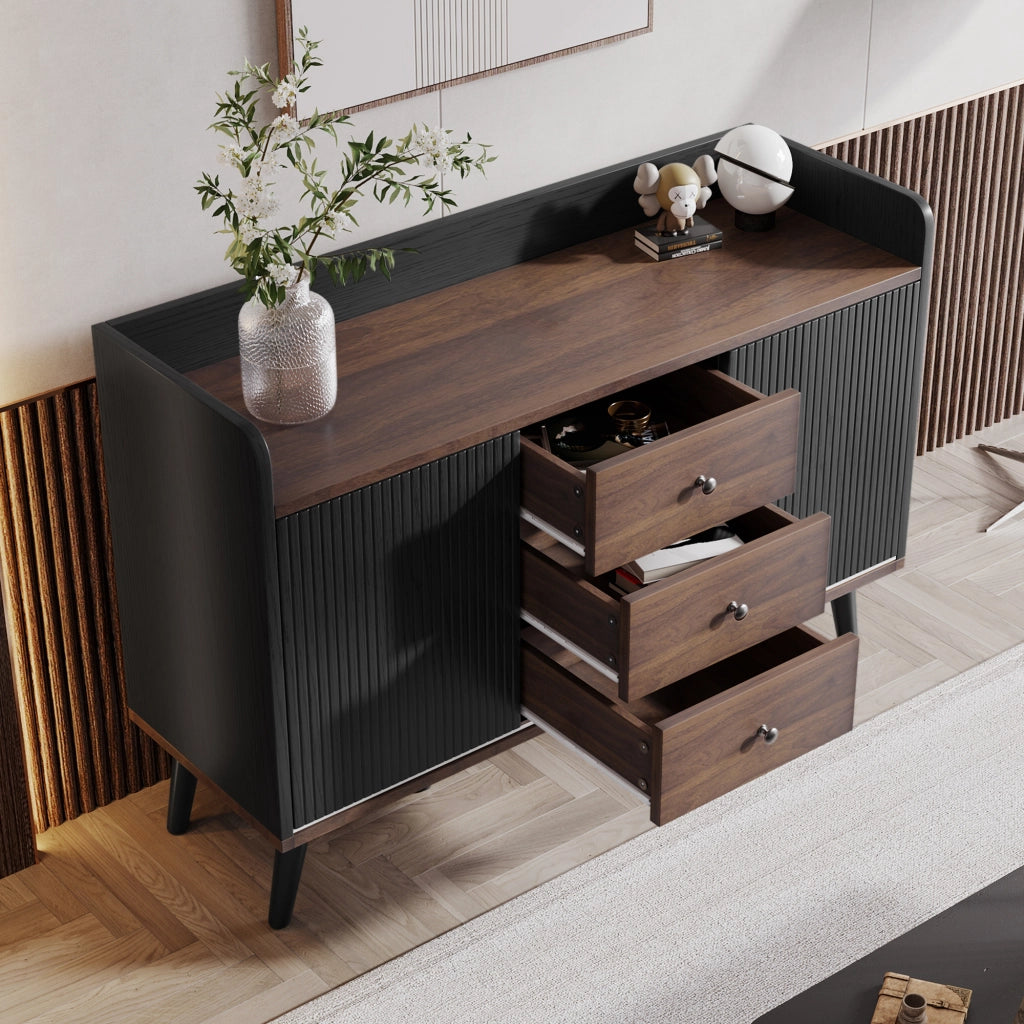 OKWISH Credenza con 2 Ante Scorrevoli e 3 Cassetti, Ripiani Regolabili, per Soggiorno o Ingresso, Nero 117,5×40×80 cm