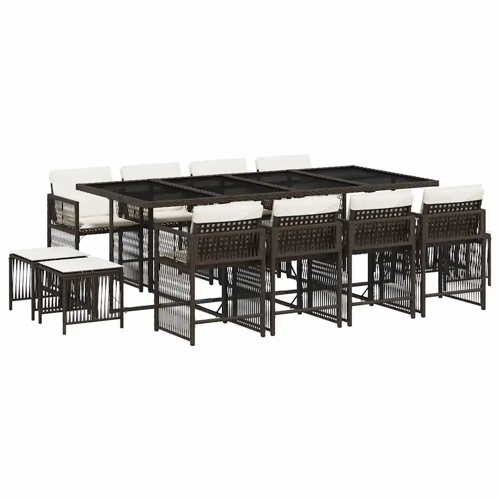 Set da Pranzo da Giardino 13pz con Cuscini Marrone Polyrattan
