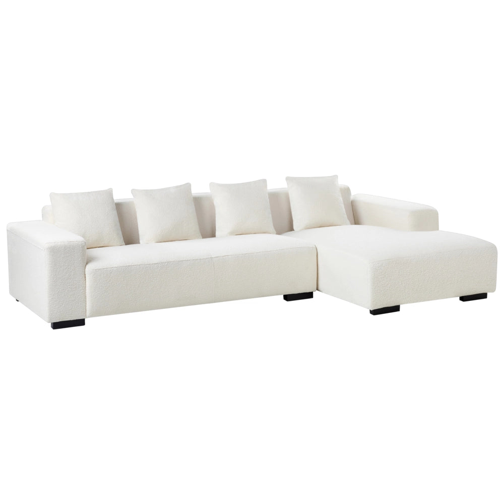Divano angolare a L con cuscini 4 posti in tessuto bouclè bianco con ottomana versione a sinistra stile elegante moderno