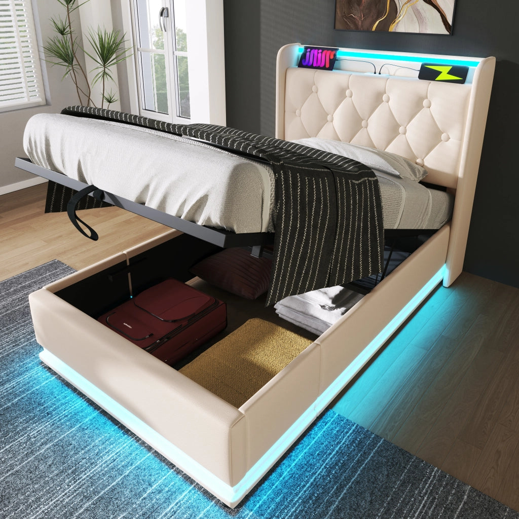 LETTO 90x200 cm con LED, USB Tipo-C, PU bianco, contenitore idraulico
