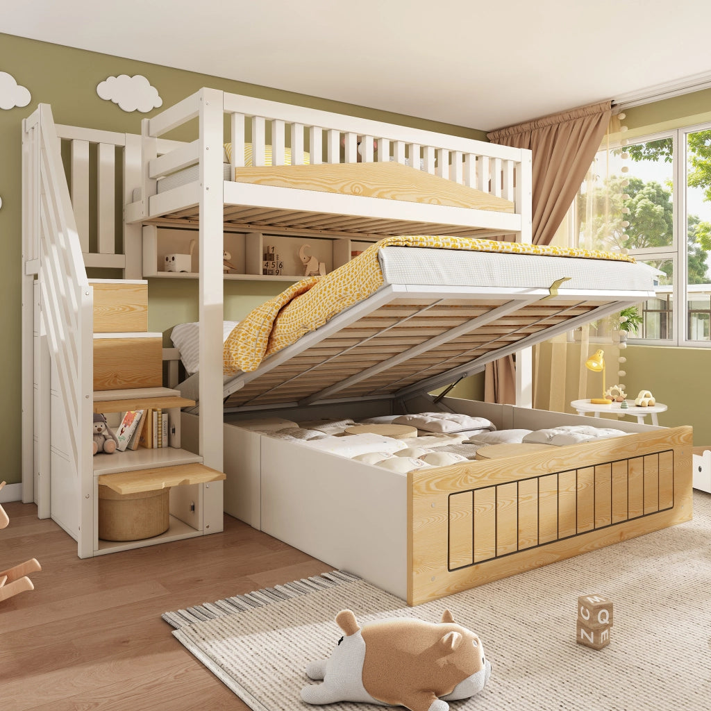 Letto a castello 140x200 cm familiare con contenitore idraulico; scala contenitore; barriera di sicurezza; USB e Type-C; legno; bianco