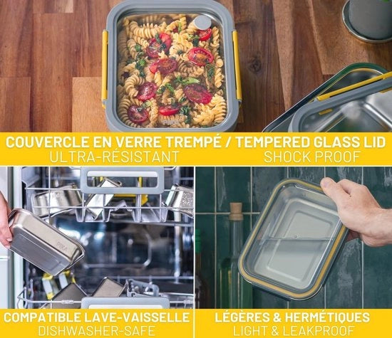 Contenitore alimentare a tenuta d'aria in acciaio inossidabile 800 ml con coperchio in vetro resistente all'usura - Adatto per magnetron, forno e congelatore
