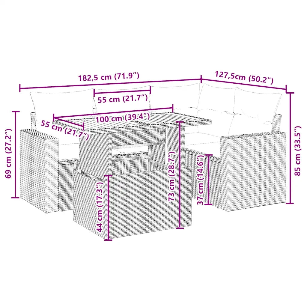 Set Divano da Giardino 5 pz con Cuscini Beige in Polyrattan