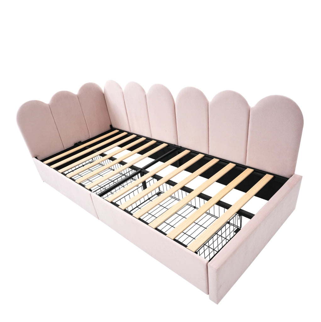 Letto singolo daybed 90x190 cm con 2 cassetti; struttura a L in velluto rosa