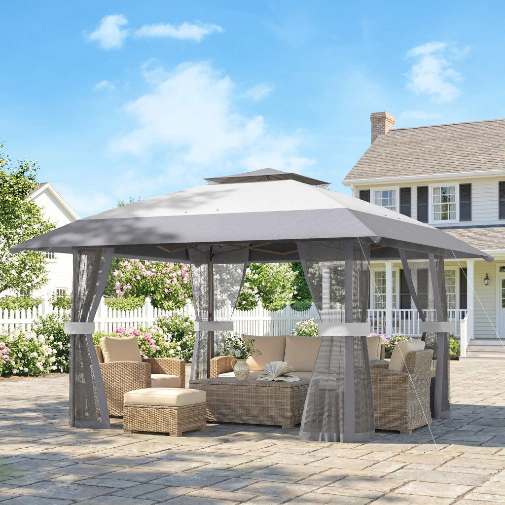 Tenda da Giardino Pieghevole 4x4 m Grigio ¨C Minimal ¨C Con Doppio Tetto e 4 Pareti a Rete