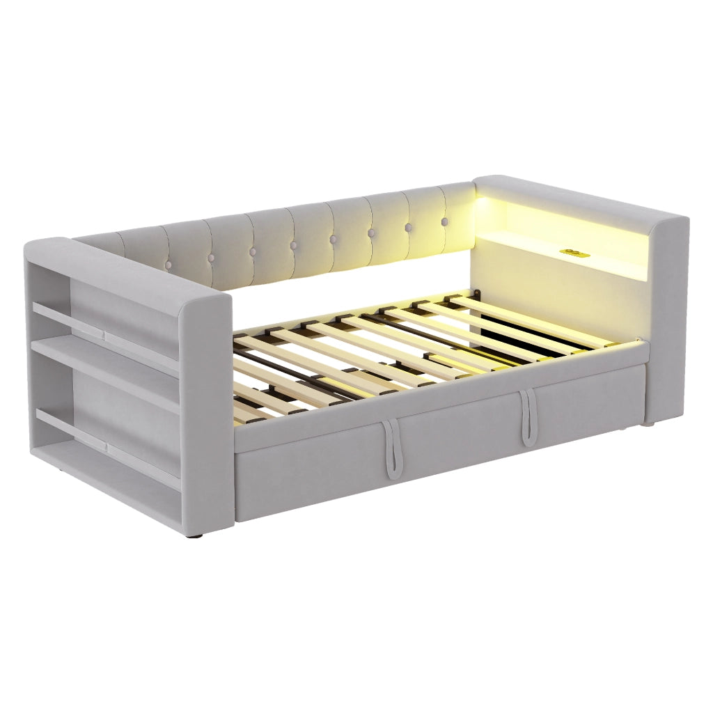 DIVANO LETTO 180x190 cm con LED, prese e contenitore, Grigio chiaro