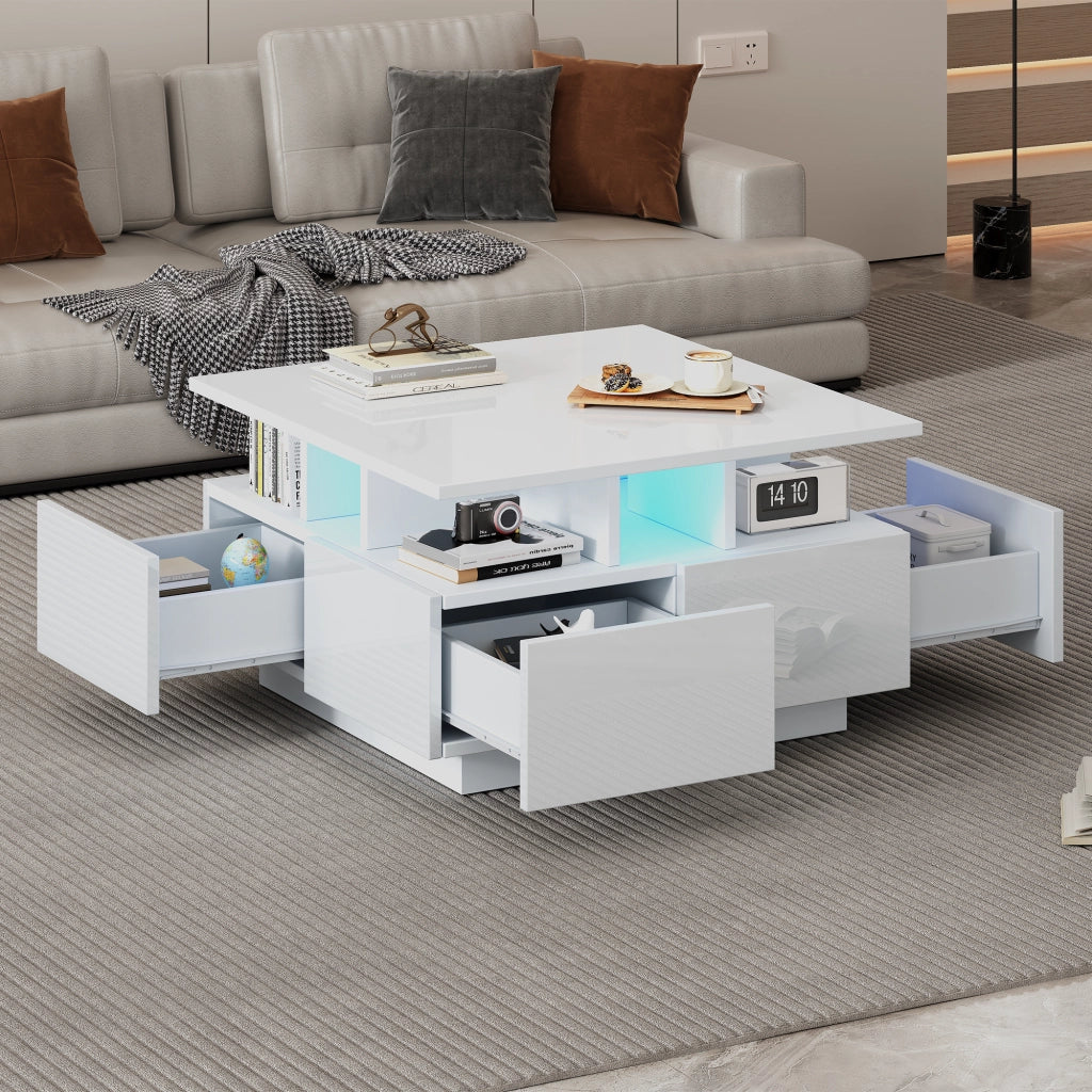 OKWISH Tavolino da salotto quadrato con 4 cassetti, illuminazione LED con controllo tramite app, finitura lucida, 70 x 70 x 40 cm