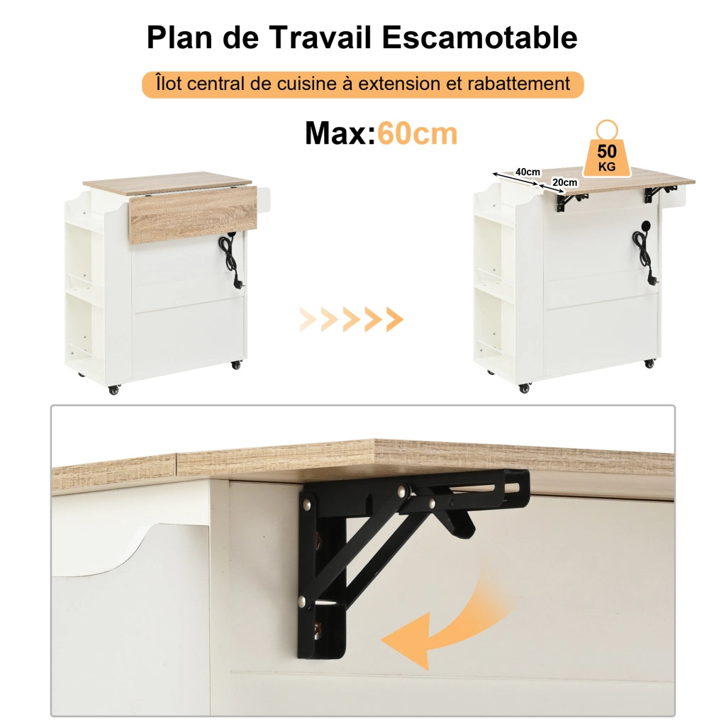 Isola da cucina mobile - Zephmum- con ripiano pieghevole, cassetto e ripiani