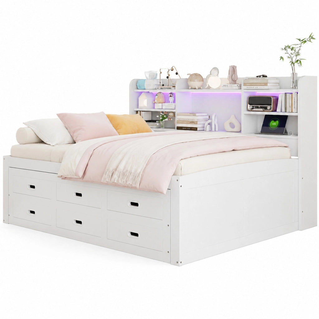 Letto multifunzionale con LED, 3 cassetti e ricarica USB + Type-C