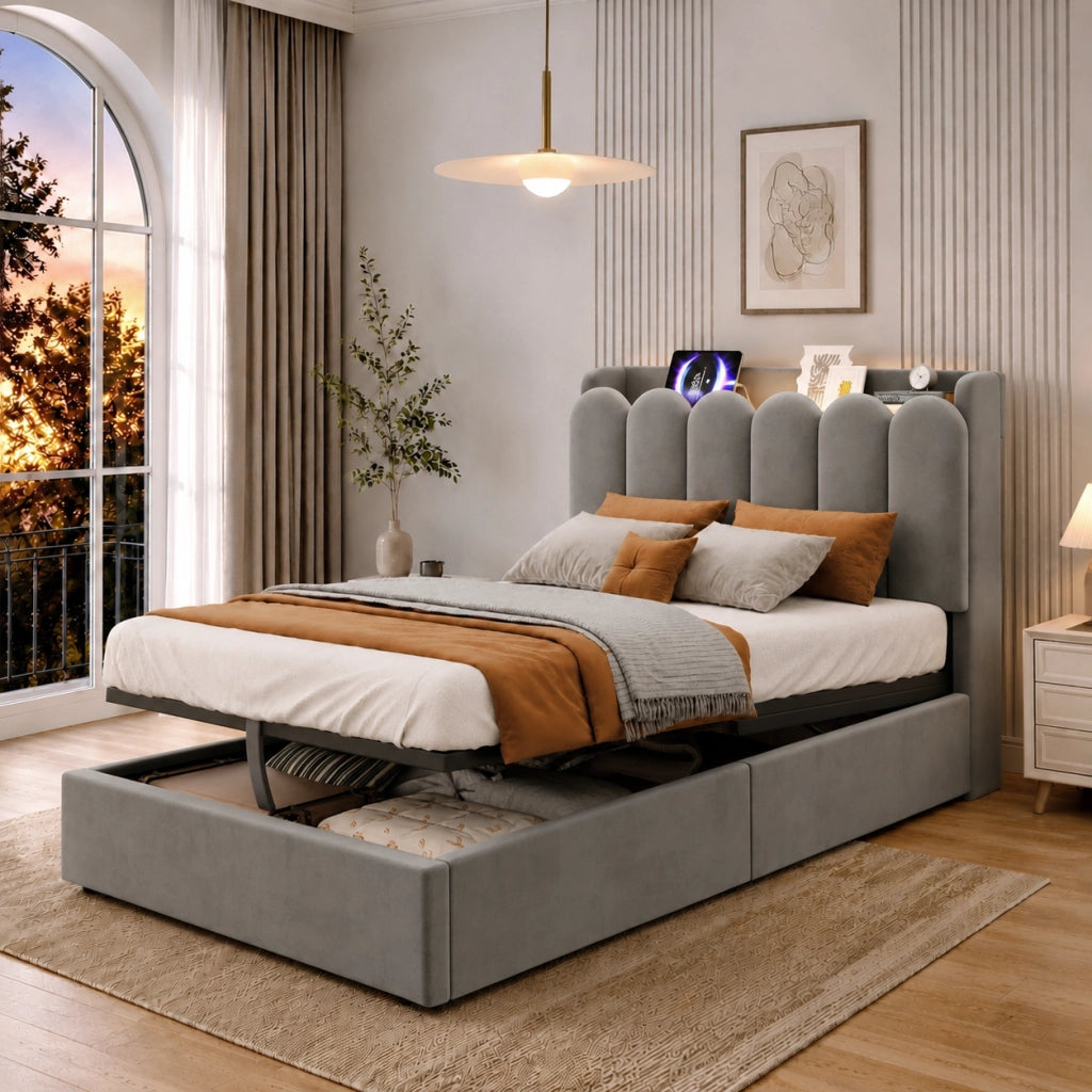 LETTO Contenitore 90x200 cm in velluto grigio con rete a doghe, USB e luce