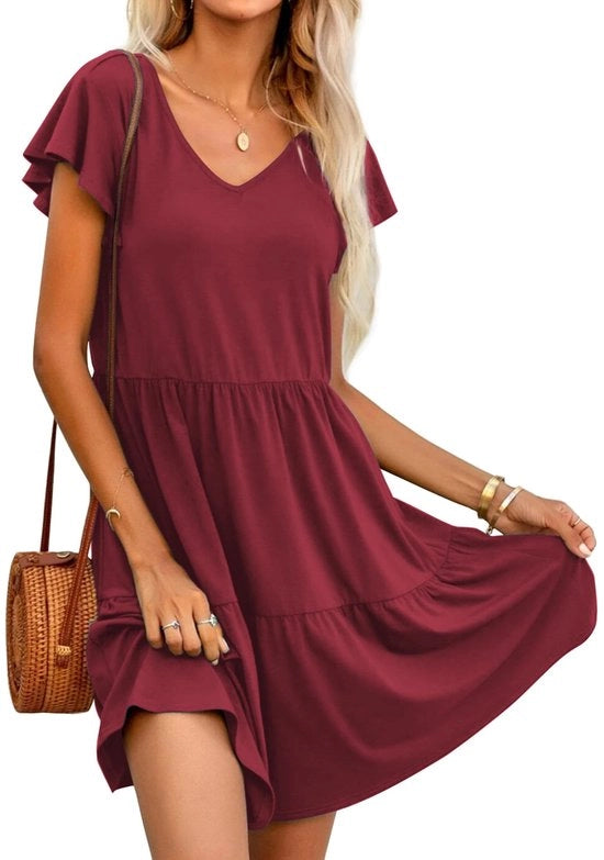 Vestito estivo donna V-collare A-line con maniche corte - Rosso vino S