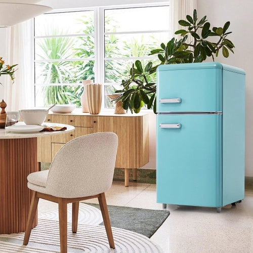 Frigorifero retrò; frigorifero a doppia porte; volume totale 72L; congelatore 21L; luce LED; efficiente energetico; ciano