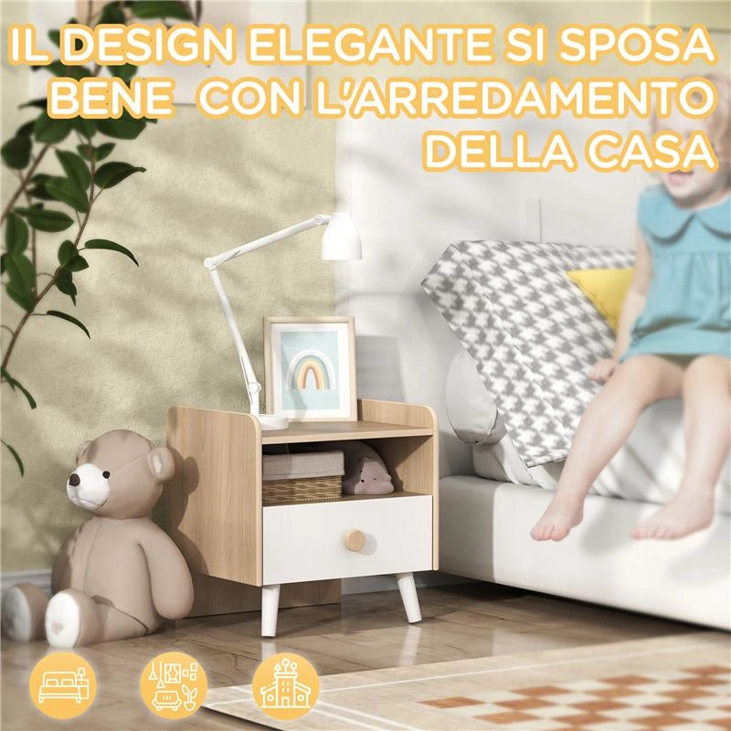 COMODINO CON CASSETTO PER BAMBINI 3-10 ANNI IN LEGNO E LEGNO DI PINO, 40X32.5X40 CM, BIANCO
