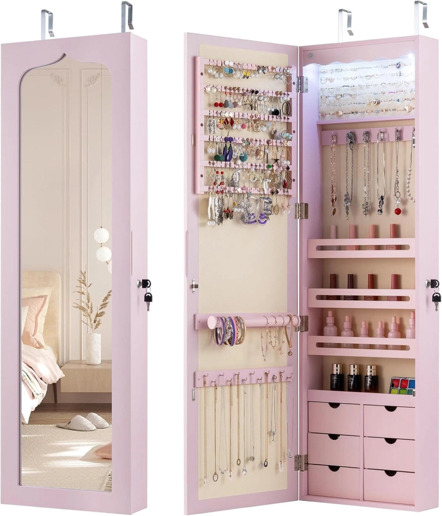 Armadio portagioielli con 5 Luci LED, Porta che Si Chiude, Armadio Portagioielli Montato a Muro con Specchio e 6 Cassetti, Organizer Gioielli con Tanto Spazio per Ragazze (Rosa)