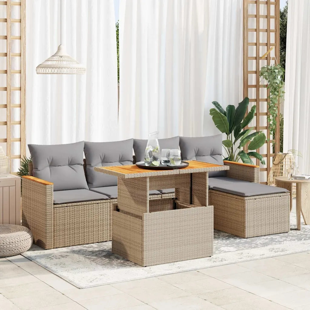 Set Divano da Giardino 6 pz con Cuscini Beige Polyrattan Acacia 3327475