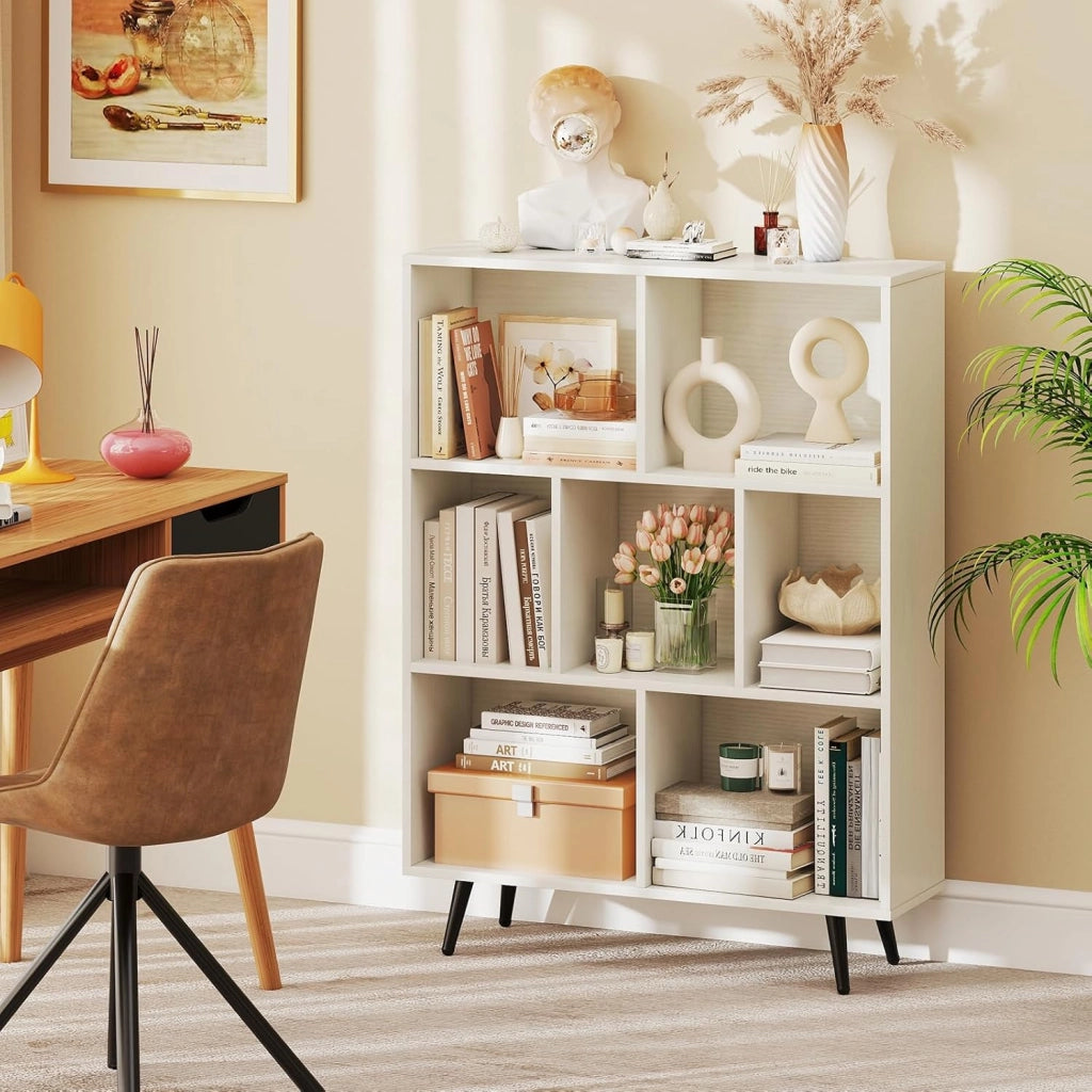 Libreria a 7 Cubi, Organizzatore di Stoccaggio Moderno con 4 Gambe di Metallo, Scaffale per Esposizione con 2 Kit Anti-Ribaltamento per Soggiorno Studio Camera da Letto, Bianco (80x24x107cm)