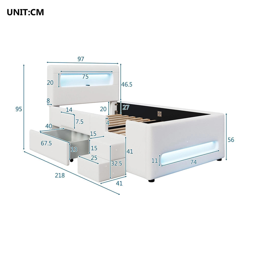 Letto imbottito 90x200cm?- Xylo - scala LED 2 cassetti bianco