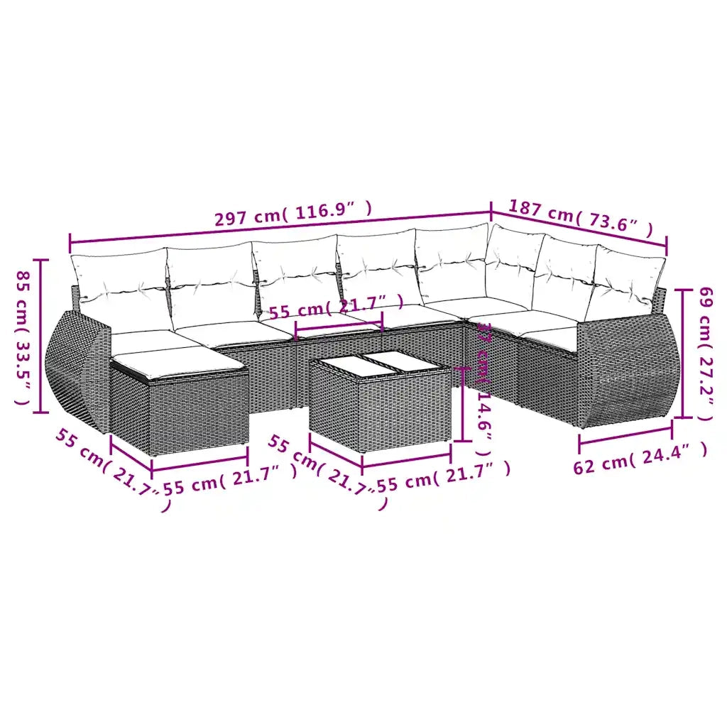 Set Divano da Giardino 9pz con Cuscini Grigio Chiaro Polyrattan 3221771