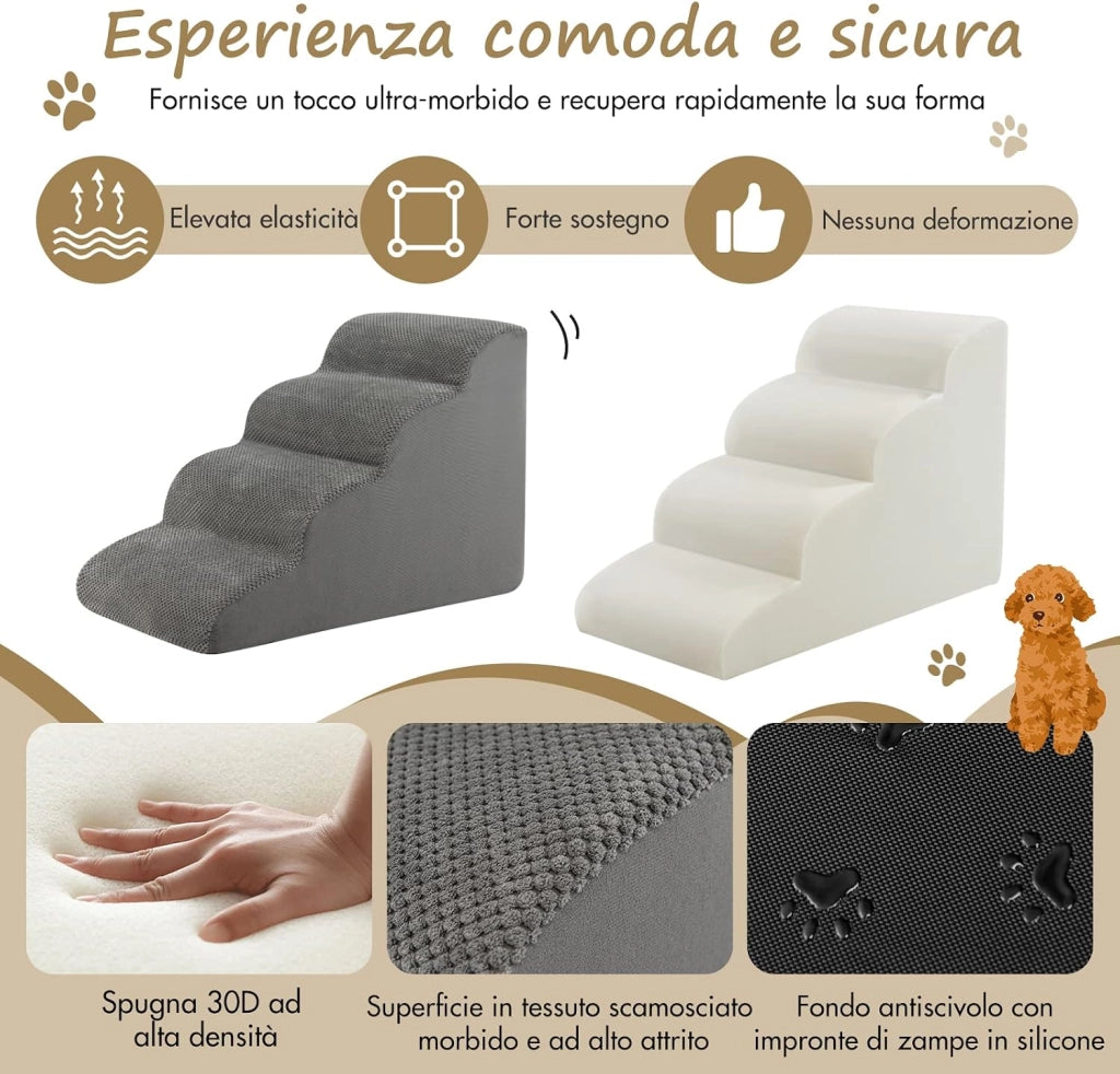 Rampa per Cani con 4 Scalini in Schiuma
Scala per Animali con Copertura Lavabile con Cerniera, Ideale per Animali Piccoli, Anziani e Feriti, 41x72x51cm, Portata 30kg