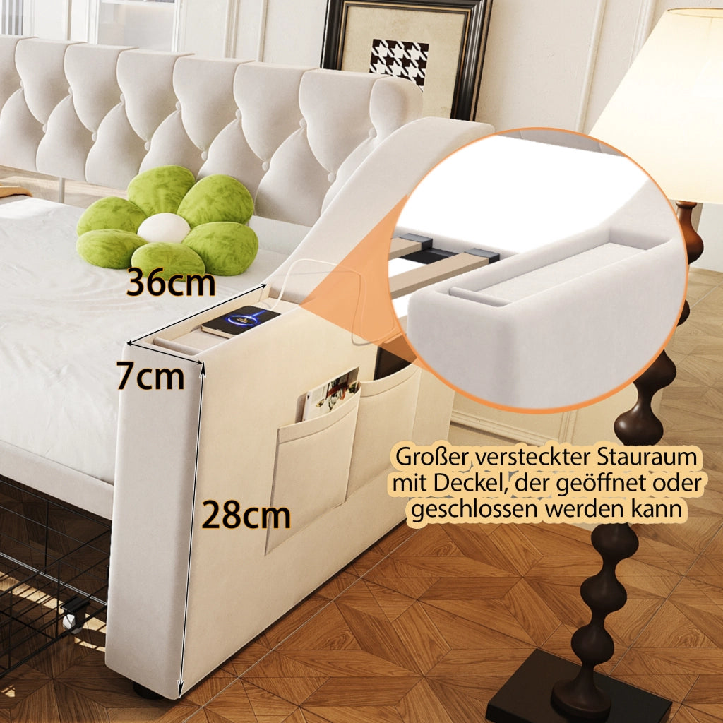 LETTO imbottito 90x190 cm in velluto beige con cassetti e vani laterali