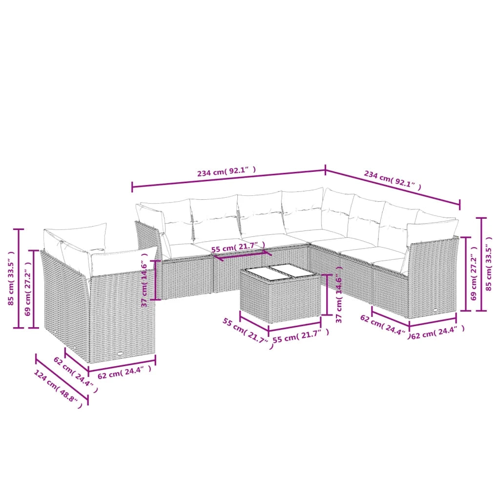 Set Divani da Giardino 10pz con Cuscini in Polyrattan Nero