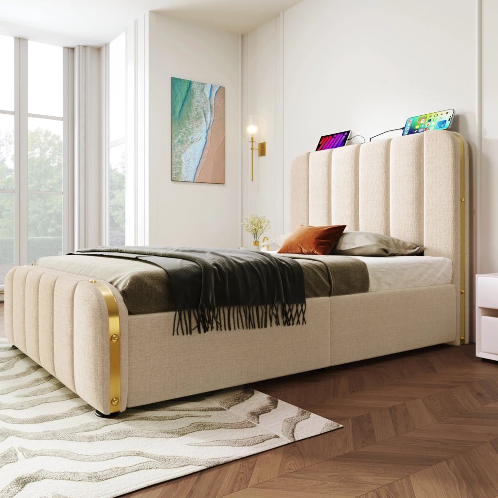 LETTO 90x200 cm in lino beige con 4 cassetti, USB Type-C e materasso incluso