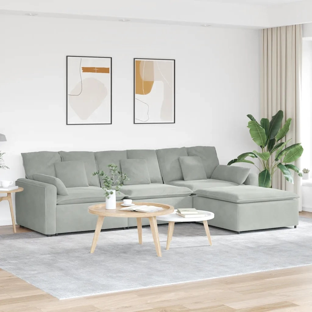 Divano Modulare con Poggiapiedi e Cuscini Grigio Chiaro 3321069