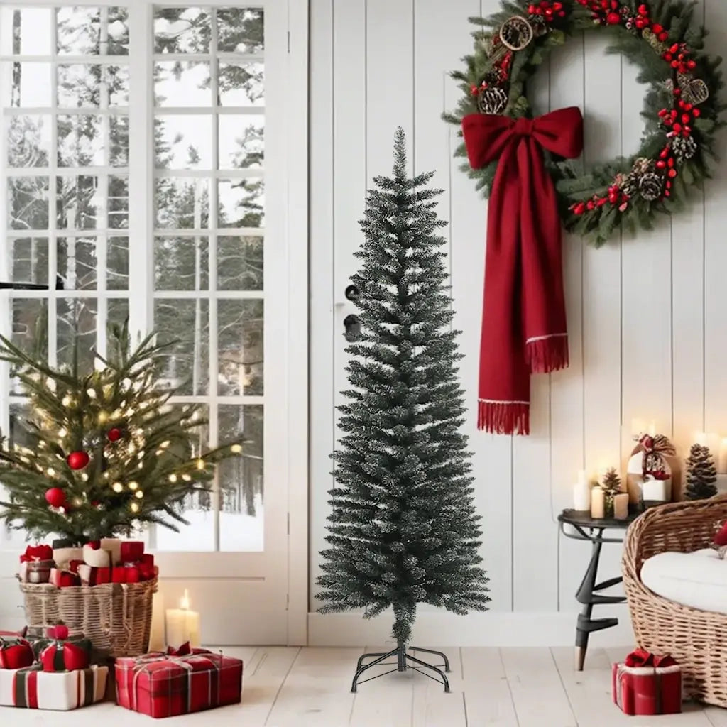 Albero di Natale Artificiale Sottile con Base Verde 150 cm PVC 345184