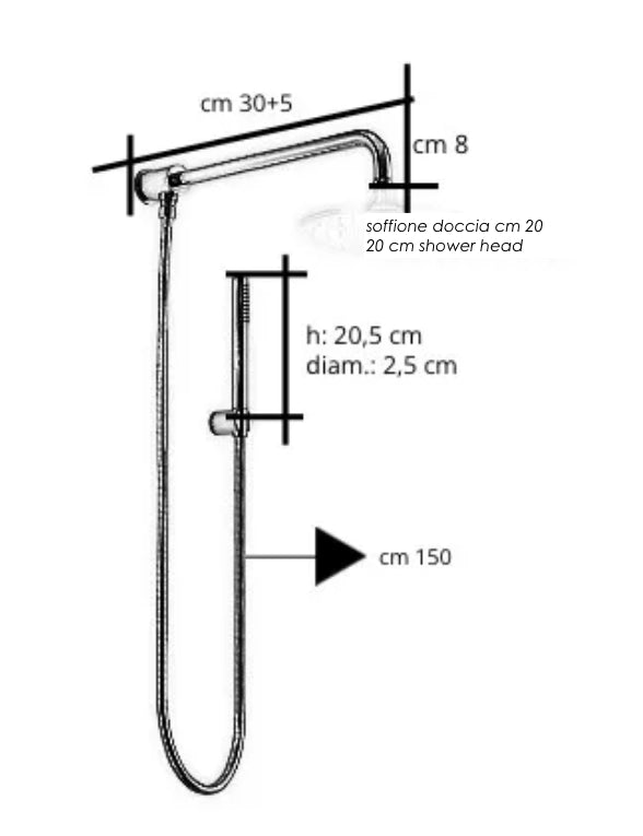 Kit set doccia deviatore a pressione con doccetta tonda, soffione 20 cm braccio 30 cm