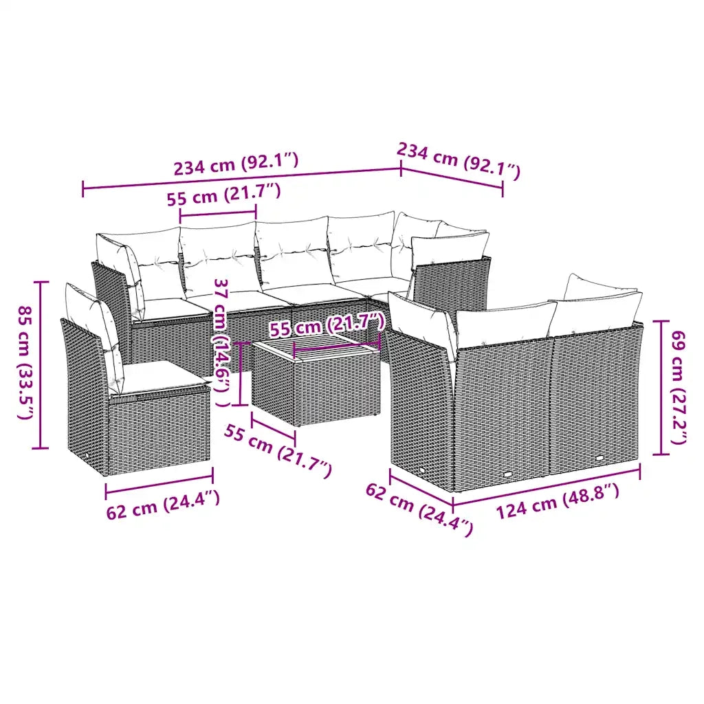 Set Divani da Giardino 9 pz con Cuscini Grigio in Polyrattan 3256075