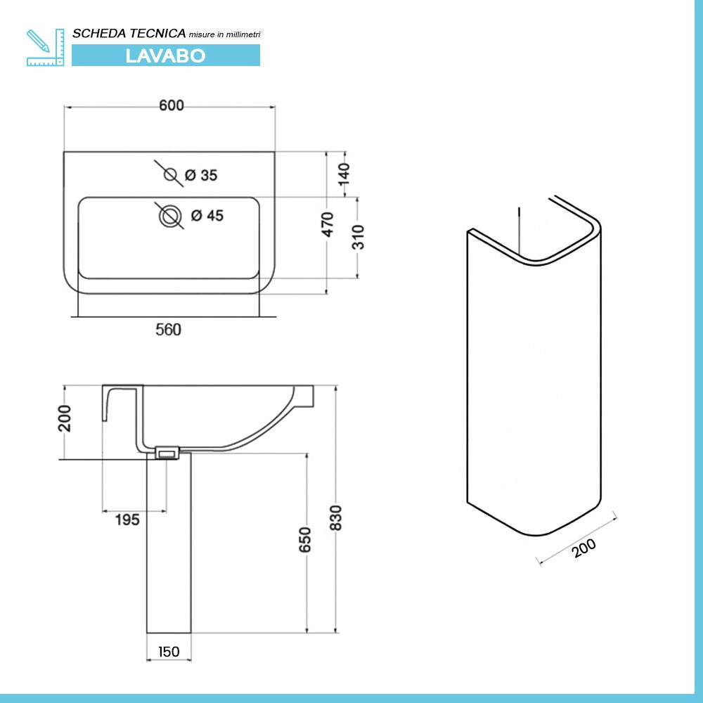 Lavabo con colonna 60 cm monoforo in ceramica lucida Ginevra