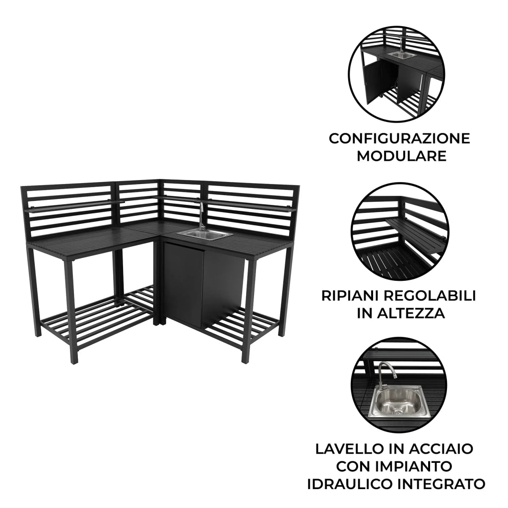 Cucina da Esterno 3 Pezzi con Lavello Set Modulare Angolare in Alluminio Grigio