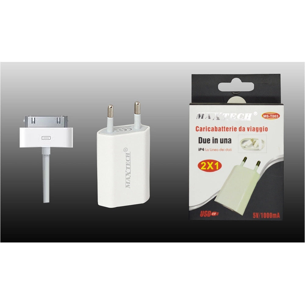 Trade Shop - Caricabatteria Da Viaggio 2x1 Attaco Usb Casa Iphone 4 5v-1000ma Maxtech Ms-t003 -
