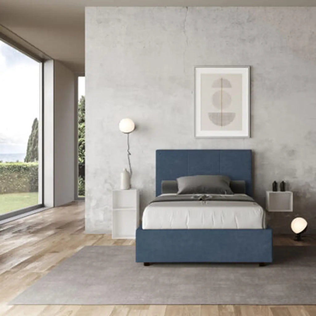 Letto una piazza e mezza con rete imbottito 120x190 microfibra blu Mika