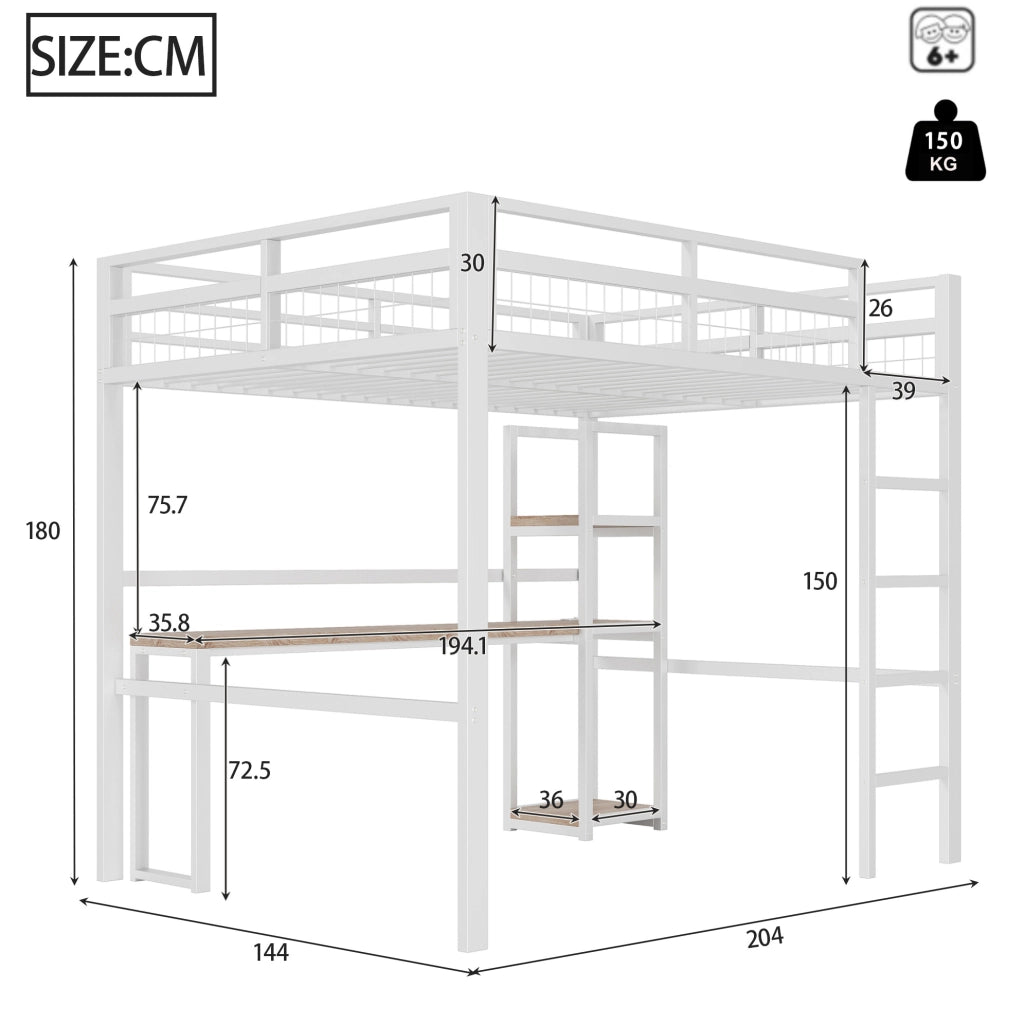 Letto a soppalco 140x200 cm con scrivania, ripiani e prese USB Type-C
