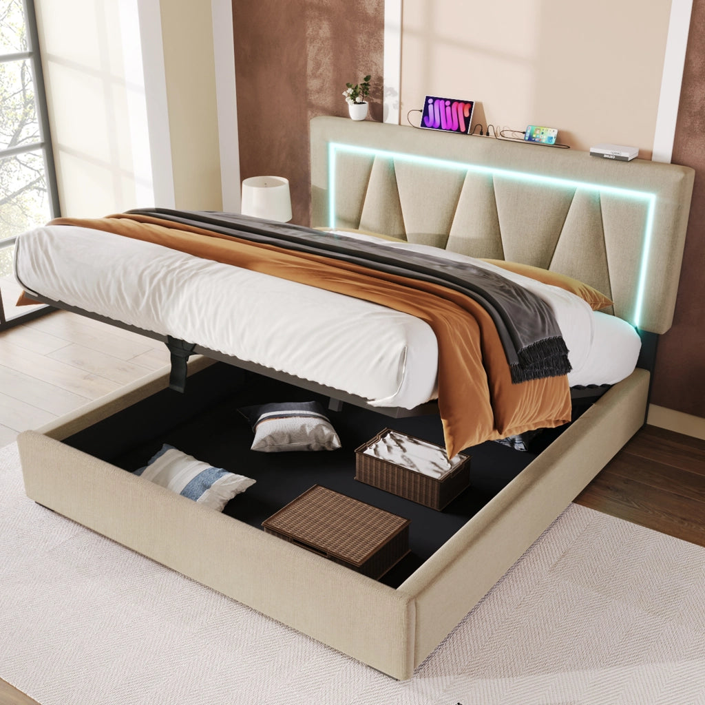 LETTO imbottito LED 140x200 cm in lino beige con USB e Type C
