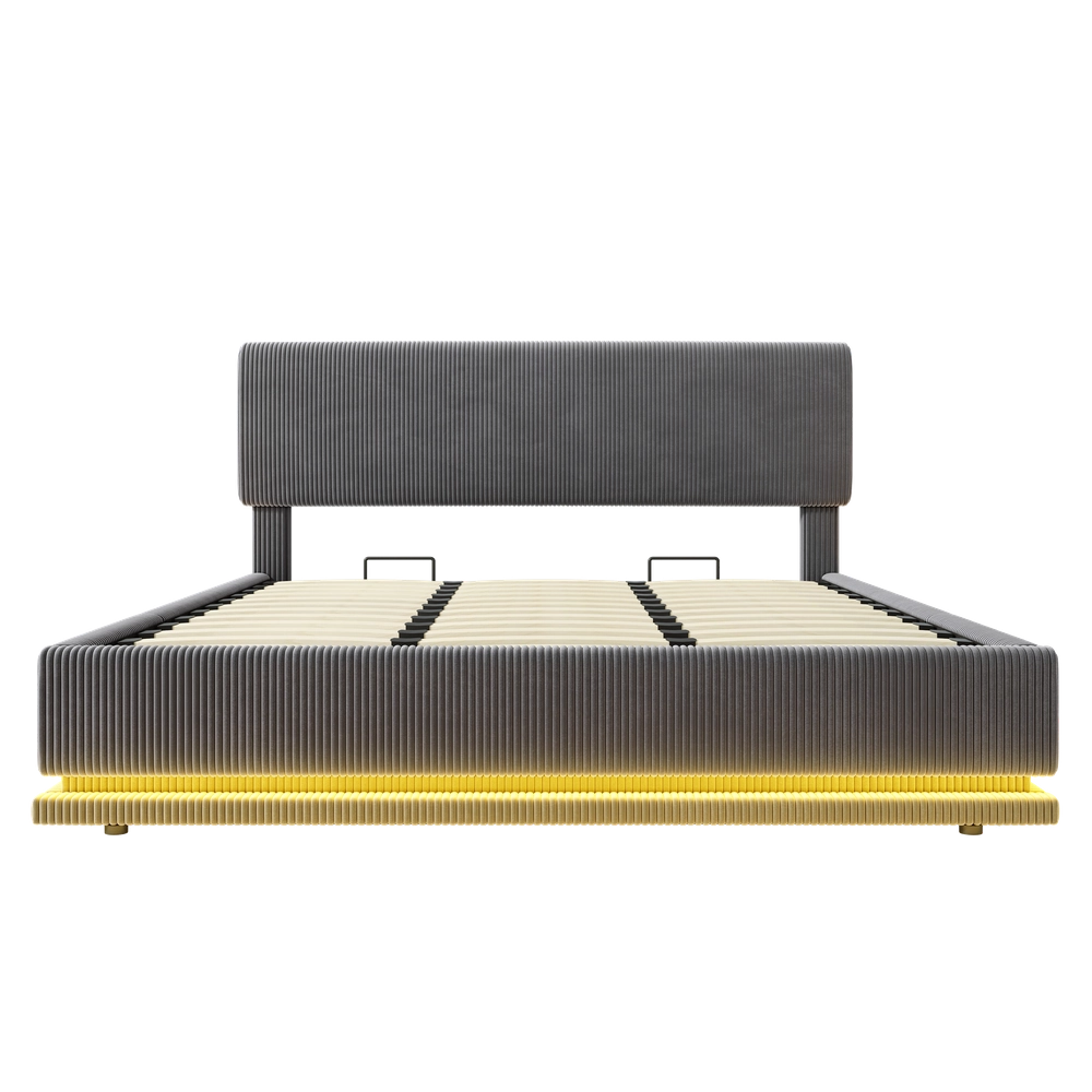 Letto Imbottito Contenitore con LED e Testiera Regolabile ¨C MINIMAL ¨C Velluto Grigio 180x200