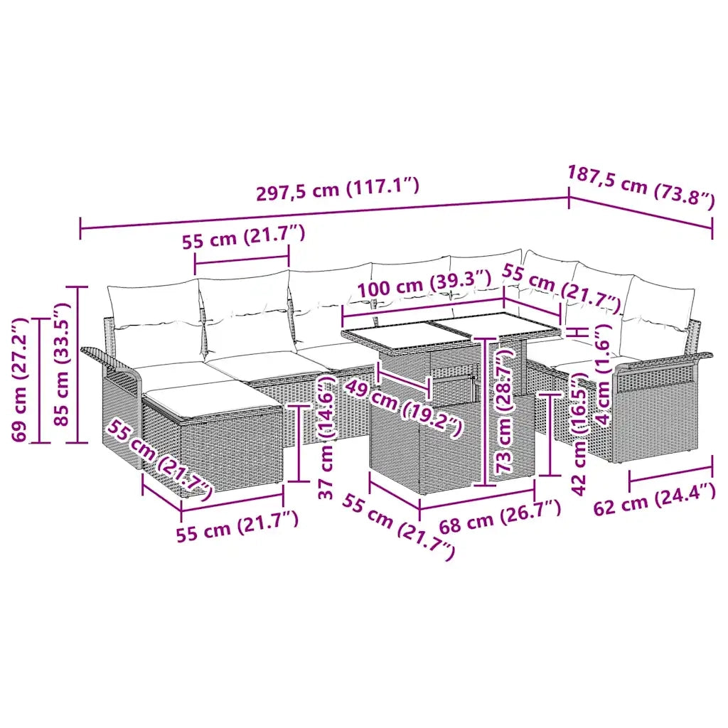 Set Divano da Giardino con cuscino 9 pcs Grigio 3357072
