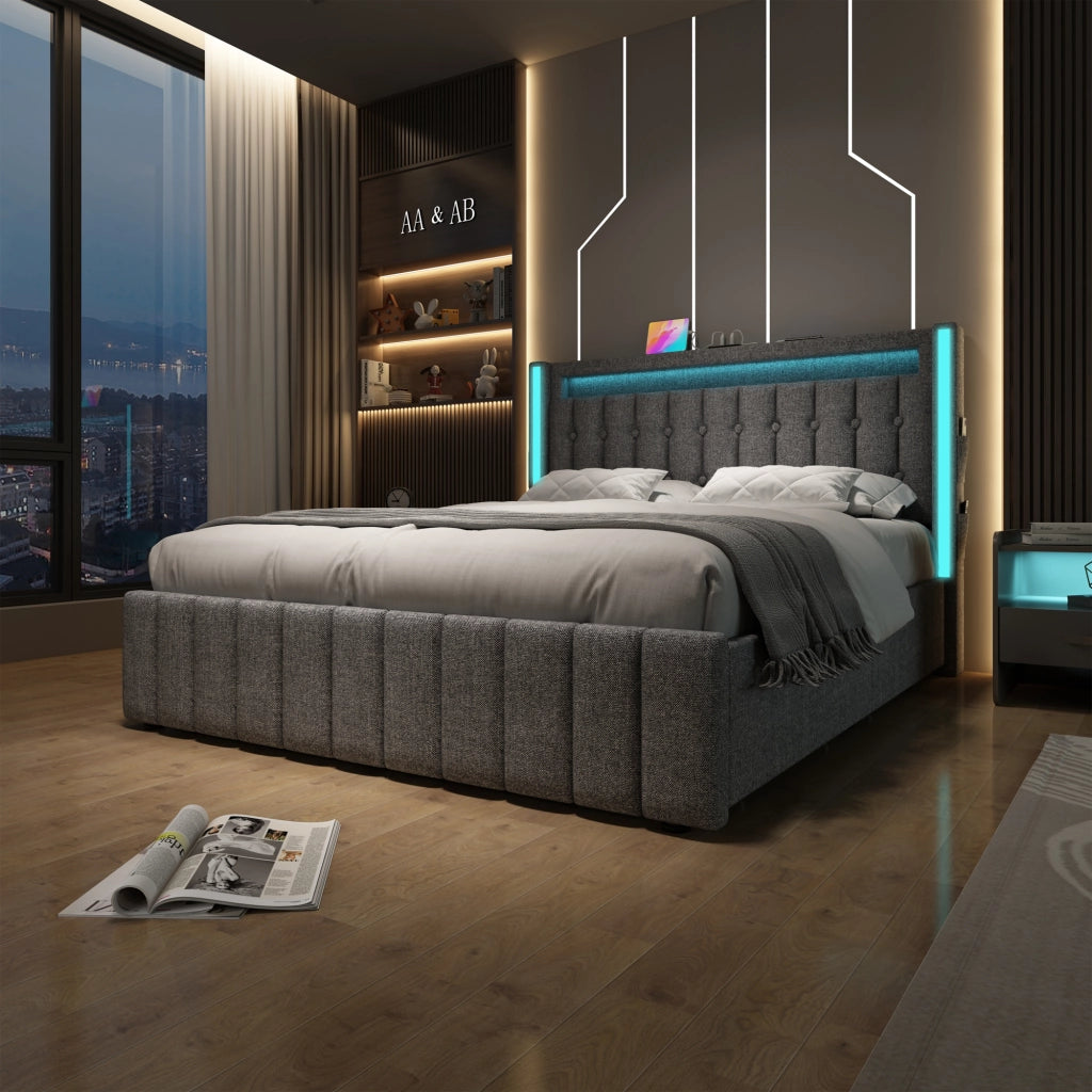 LETTO imbottito 160x200 cm in lino grigio con 4 cassetti, USB e LED