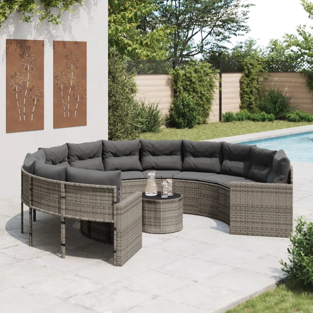 Divano da Giardino Tavolo e Cuscini Circolare Grigio Polyrattan 3318536