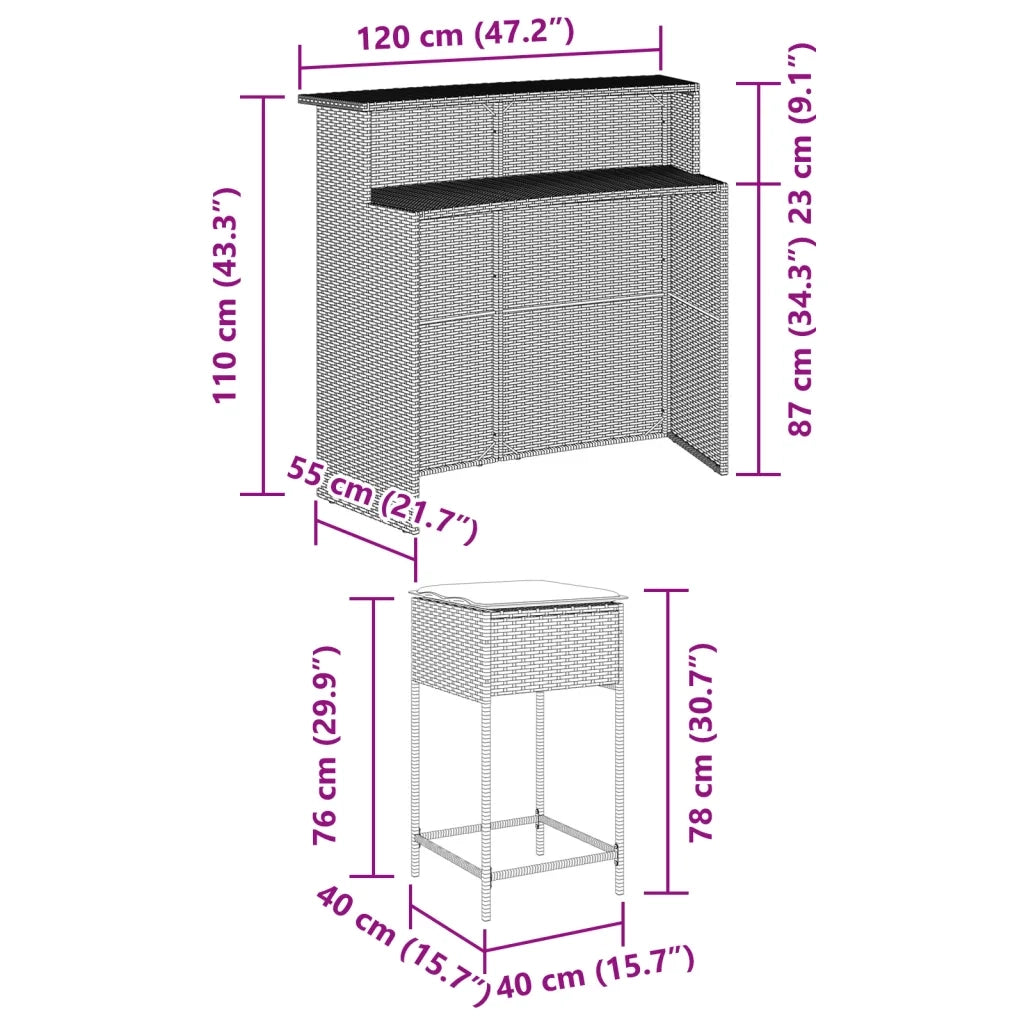 Set Bar da Giardino 5 pz con Cuscini in Polyrattan Nero 3261487