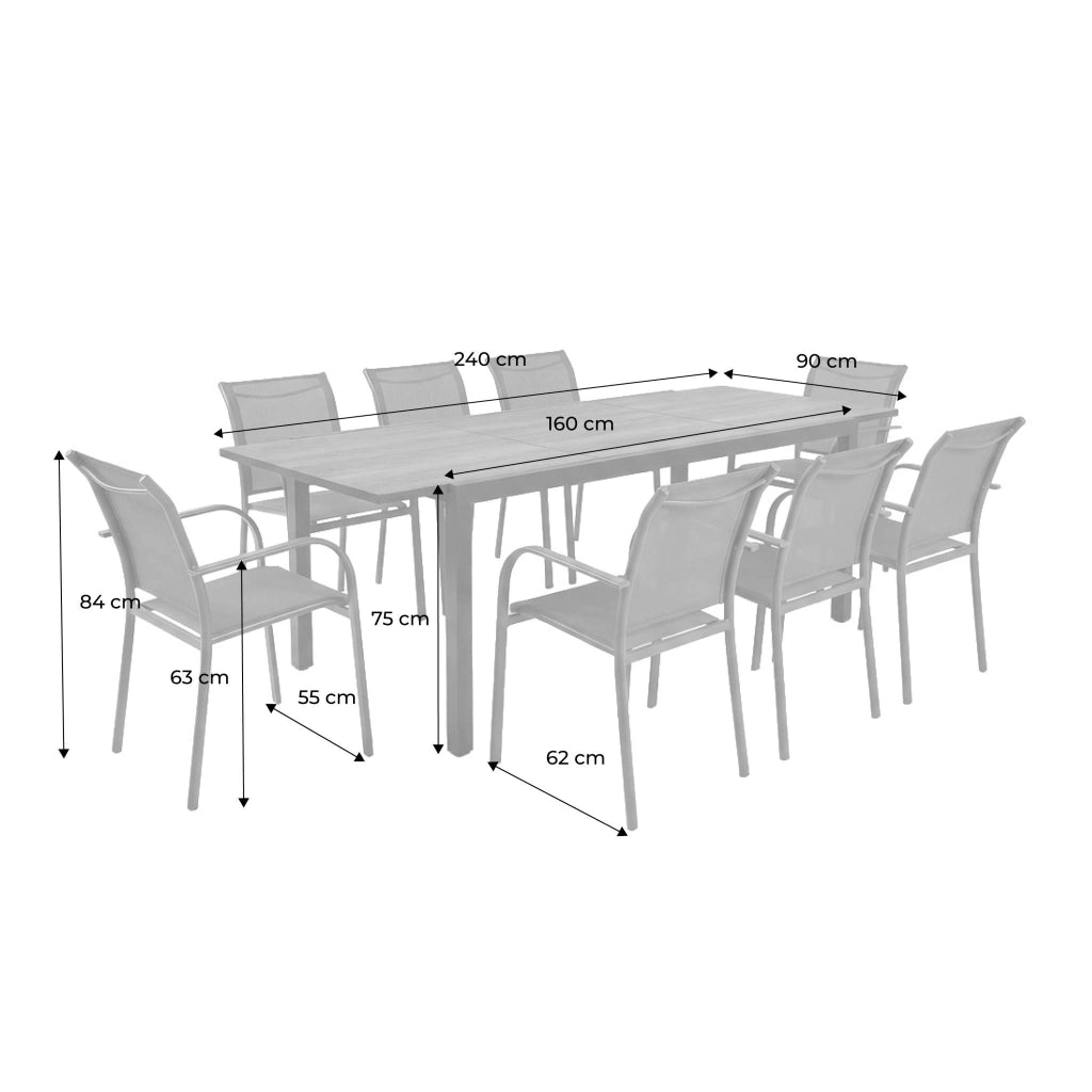 Set tavolo da giardino allungabile in alluminio effetto legno con 8