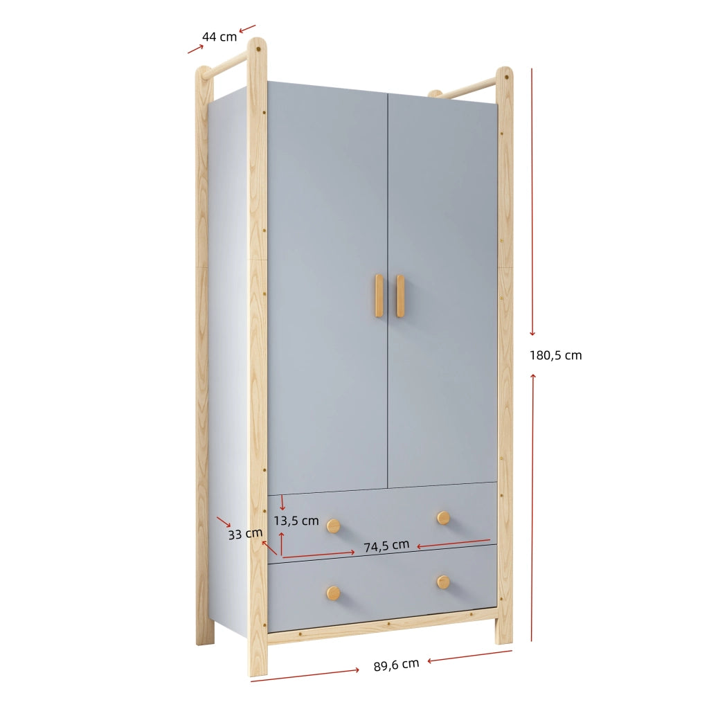 Armadio con 2 ante, 2 cassetti e appendiabiti, con libreria a 3 ripiani, in legno e MDF, per camera e ingresso