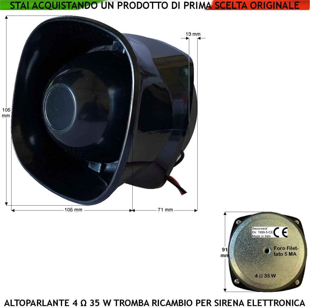 Altoparlante Magnetodinamico Tromba Esponenziale Impedenza 4 Ω Potenza 40 W 107 dB Ricambio Sirene Allarme Qualsiasi Marca Alta Frequenza da 750 ± 5,1 KHz Magnete Ø91XS13 mm Misure H106XL106XP72 mm